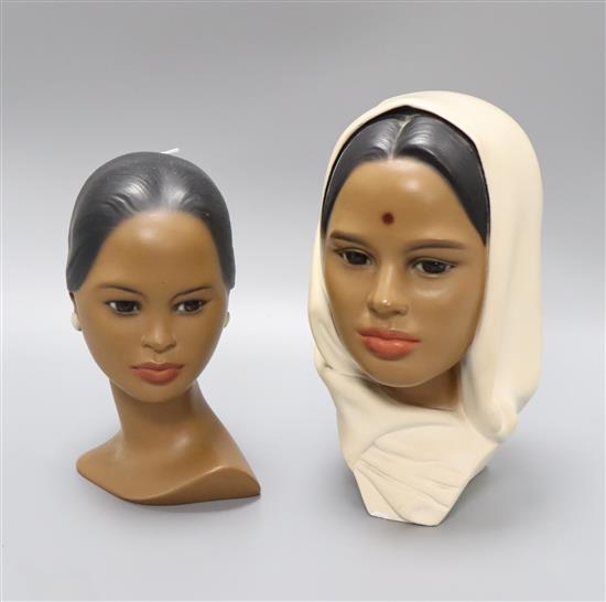 Edith Pederson, Denmark, two painted chalkware busts of Indian women, H 26cm (largest)